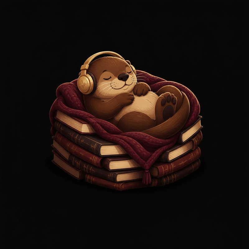 Ein Otter mit goldenen Kopfhörern schläft auf einem Bücherstapel