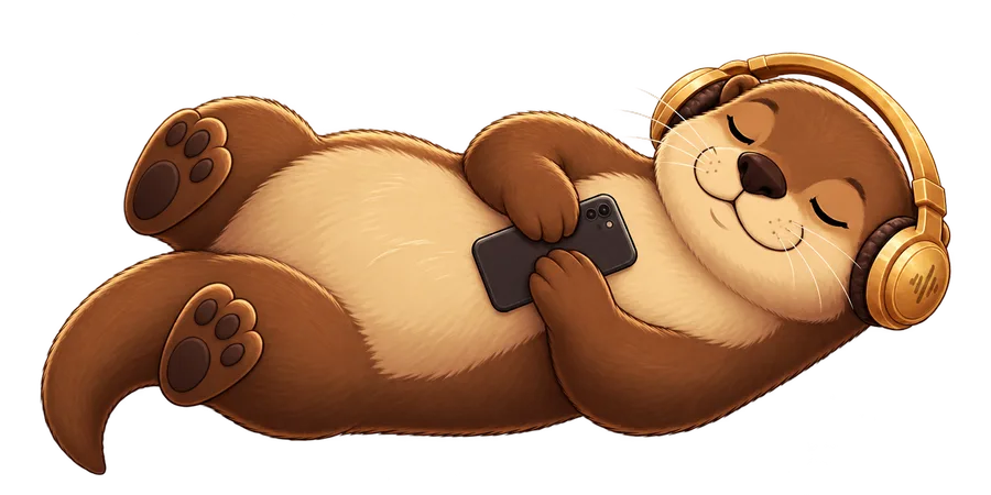 Ein Otter mit Kopfhörern liegt auf dem Rücken und hält ein Handy