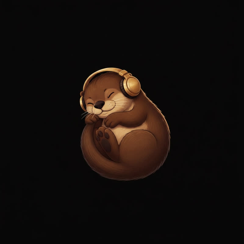Ein zusammengerollter Otter mit Kopfhörern schläft